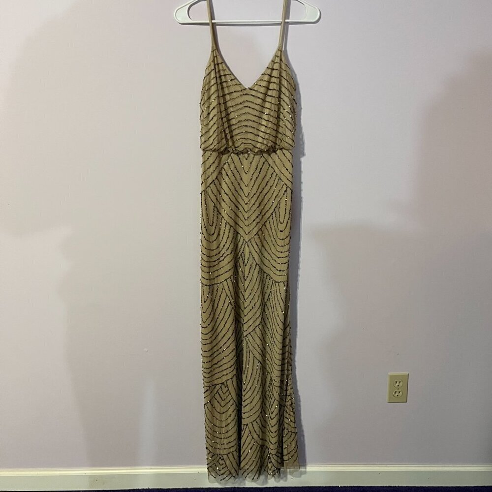 Adrianna Papell Nude Sequence Spaghetti Strap Maxi Formal Dress | Size 4 - Picture 2 of 7